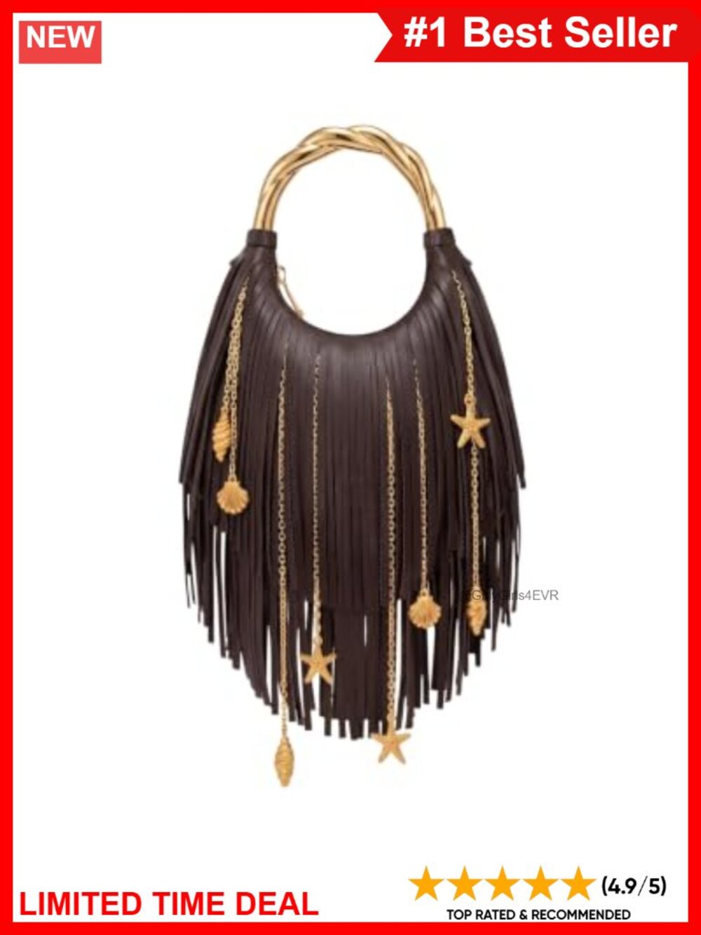 Vegan Leather Metal Handle Fringe Top Handbag Crossbody